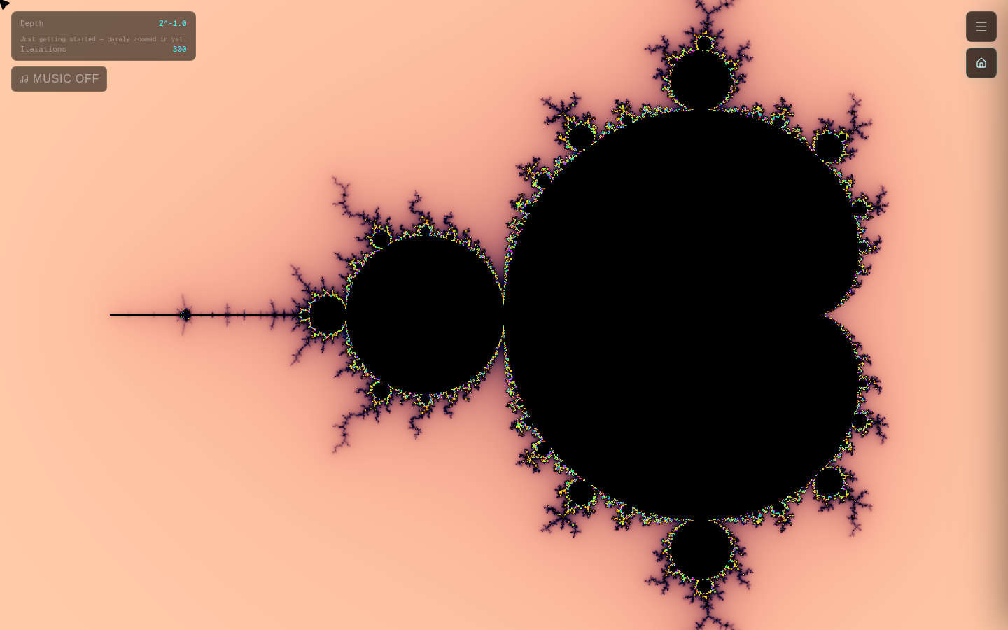 The Mandelbrot set rendered in Zooming Fractal, surrounded by peach, yellow and violet detail.